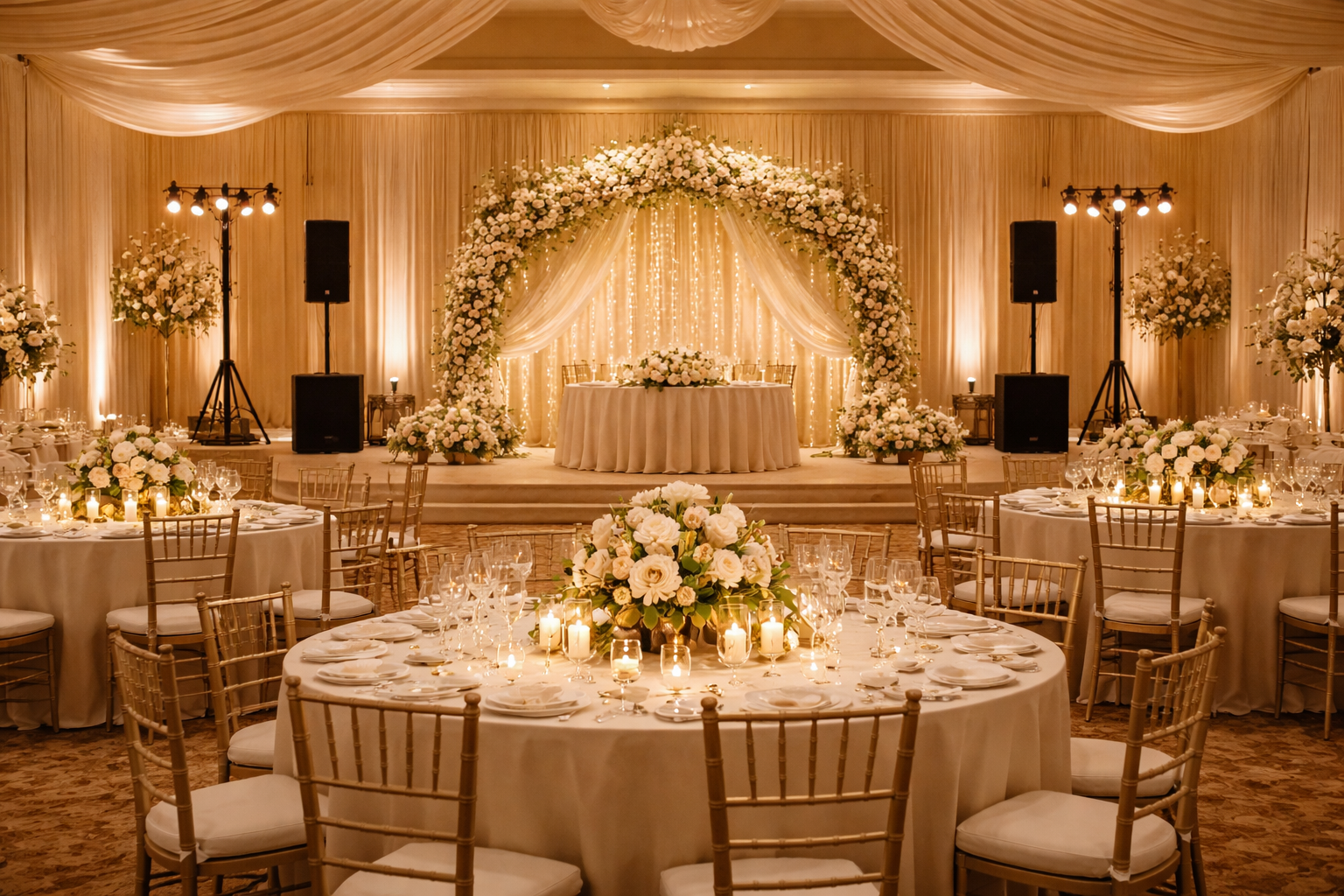 Hochzeitstechnik mieten Berlin mit stilvoll beleuchtetem Hochzeitssaal, professioneller Ton- und Lichttechnik sowie eleganter Hochzeitsdekoration.